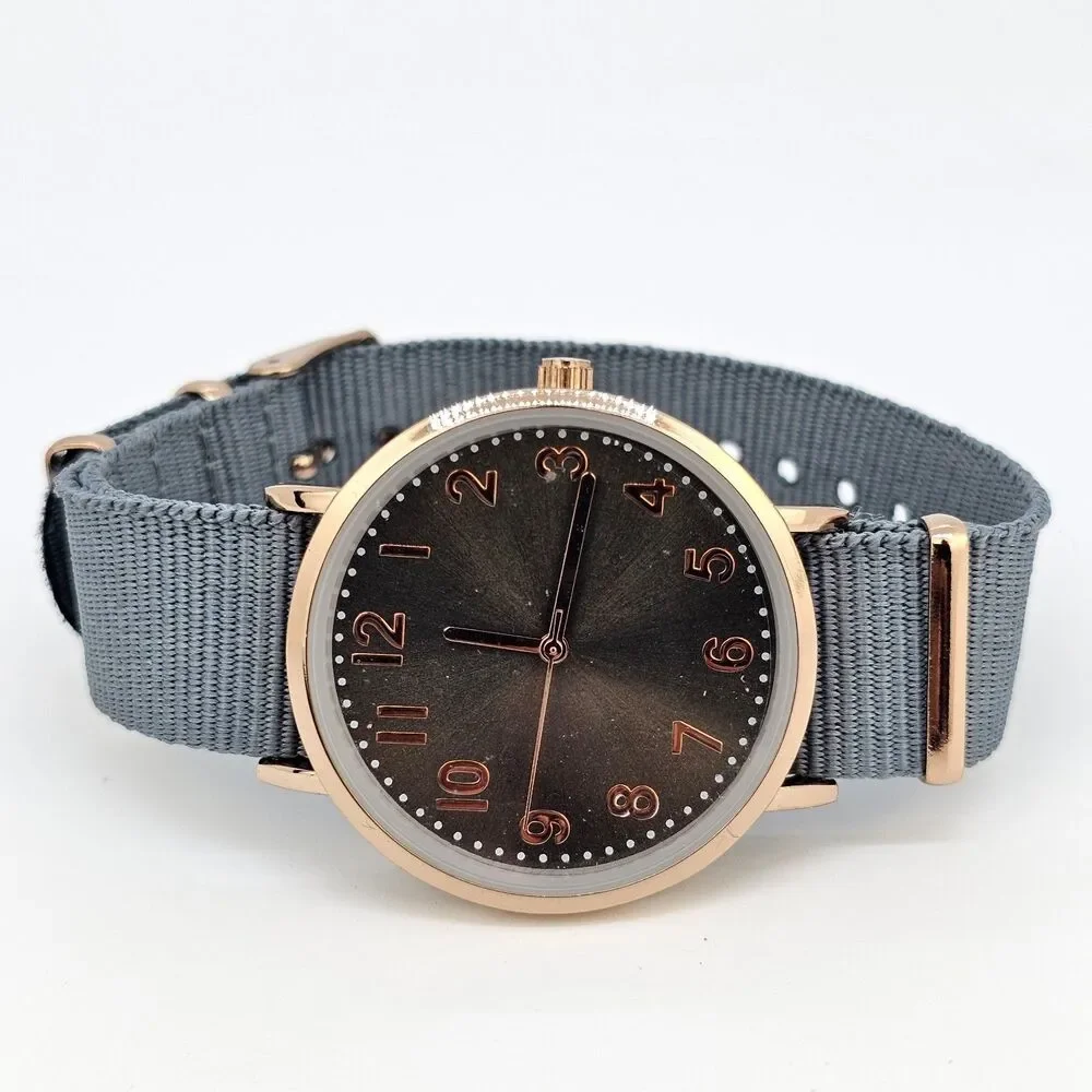 Unisex Watch 38MM Dark Gold Gray Dial Gray Canvas Band Strap New‎ Battery